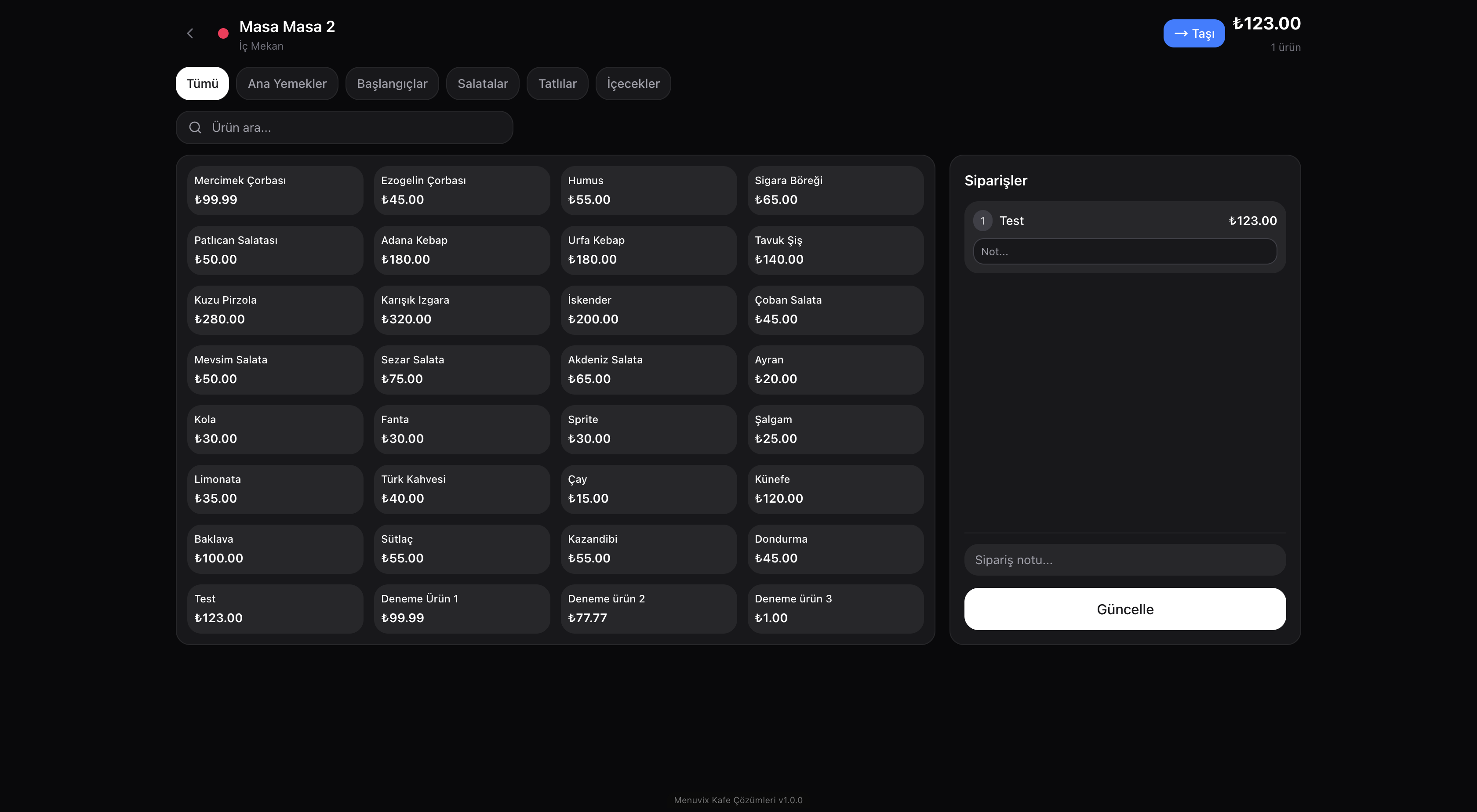 MenuVix POS — masa bazlı adisyon ve menü ekranı