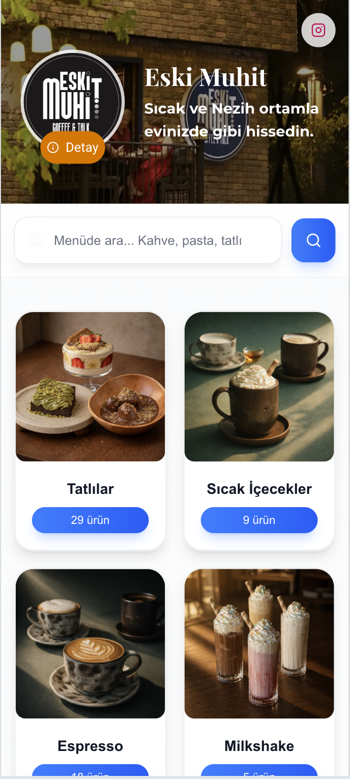 MenuVix QR menü — dijital menü ana sayfası (Eski Muhit)
