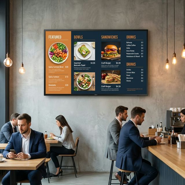 Dijital Menuboard — Cafe ortamında büyük ekran menü